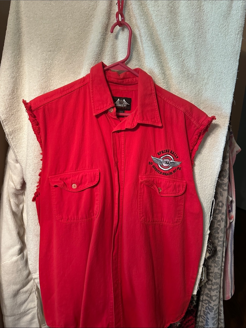 Sleeveless Red Work Shirt Vest with USA Patch
